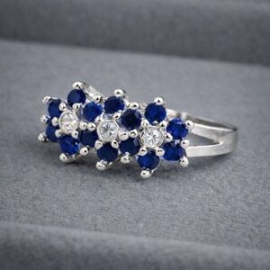 Natural Gemstone Sapphire Clear CZ Floral Cluster Ring NWOT 6 #490